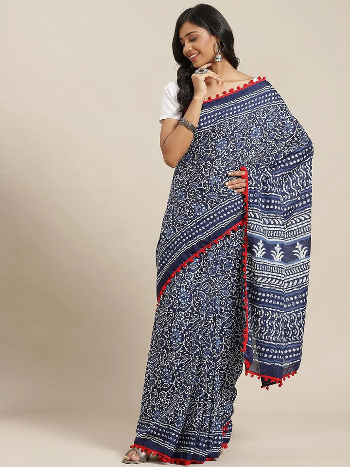 Blue Printed Cotton Saree - Libas