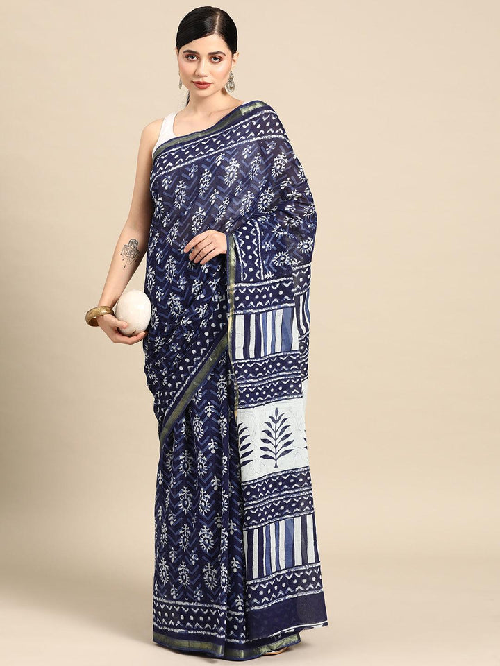 Blue Printed Cotton Saree - Libas