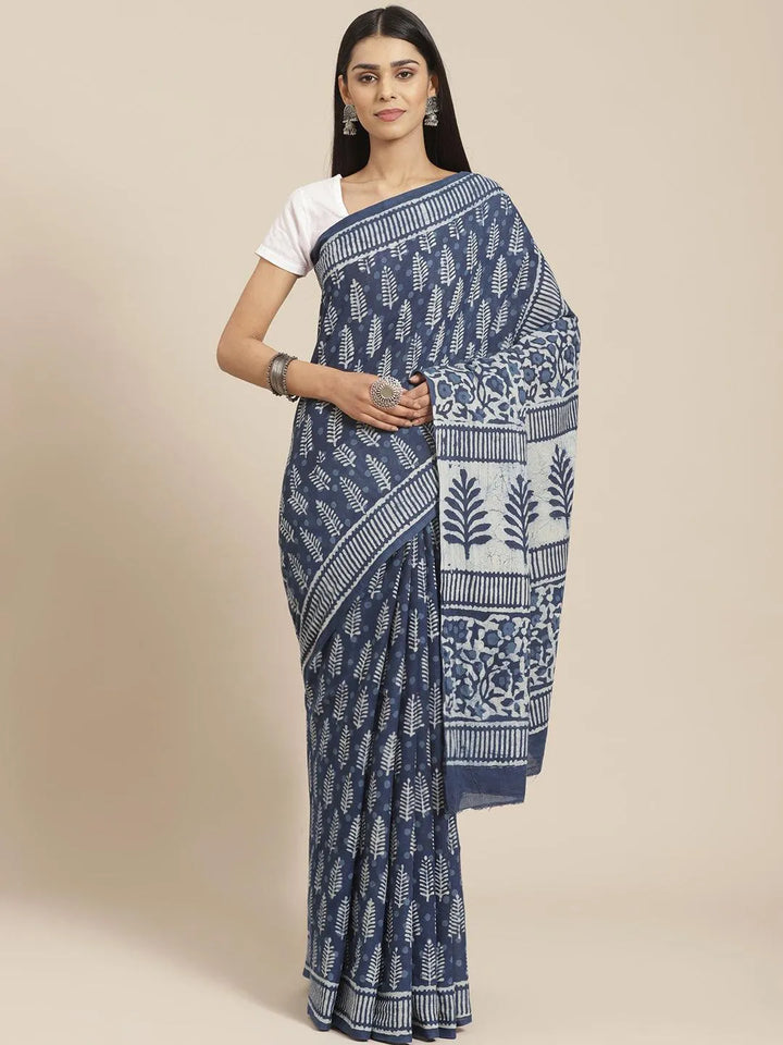 Blue Printed Cotton Saree - Libas