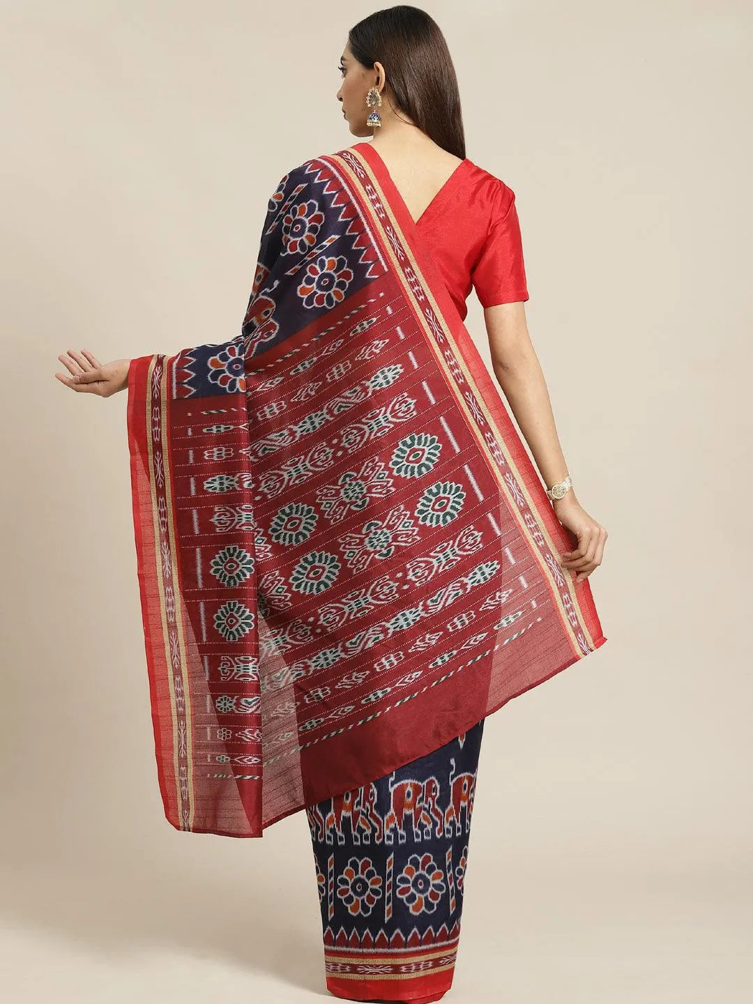 Blue Printed Cotton Saree - Libas