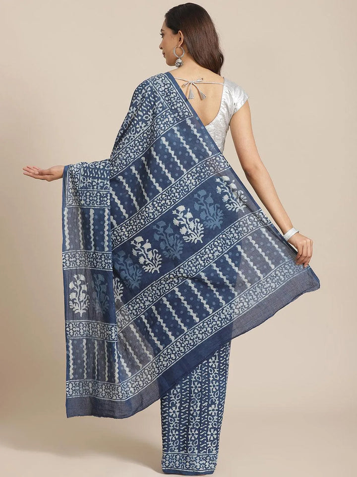 Blue Printed Cotton Saree - Libas