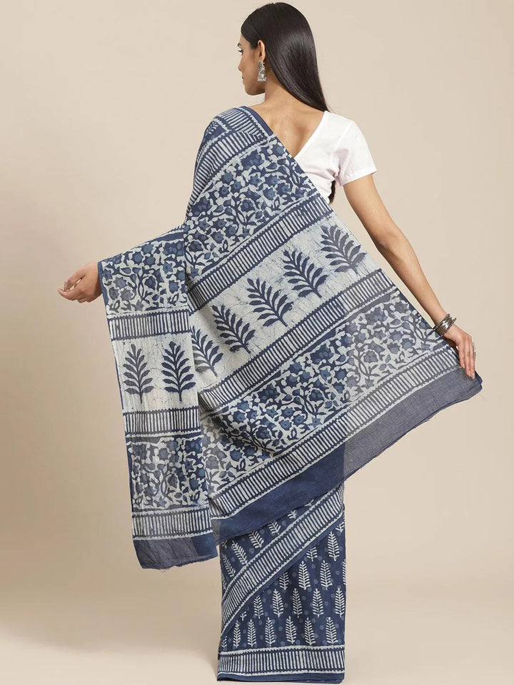 Blue Printed Cotton Saree - Libas