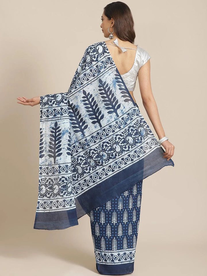 Blue Printed Cotton Saree - Libas