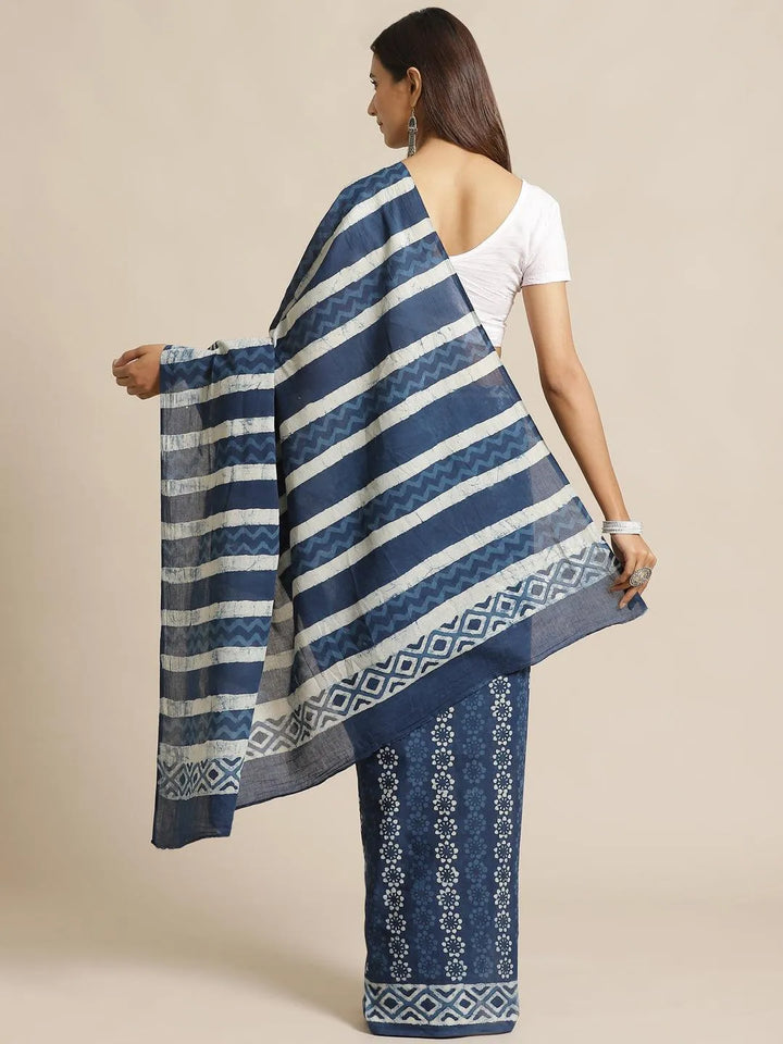 Blue Printed Cotton Saree - Libas