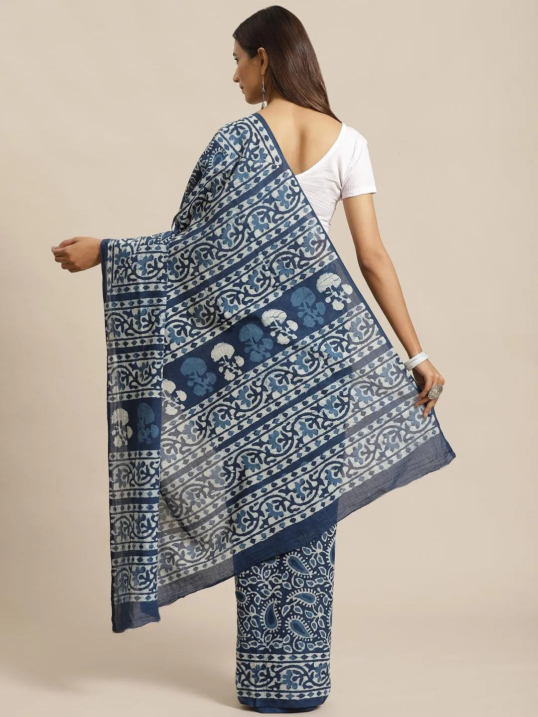 Blue Printed Cotton Saree - Libas