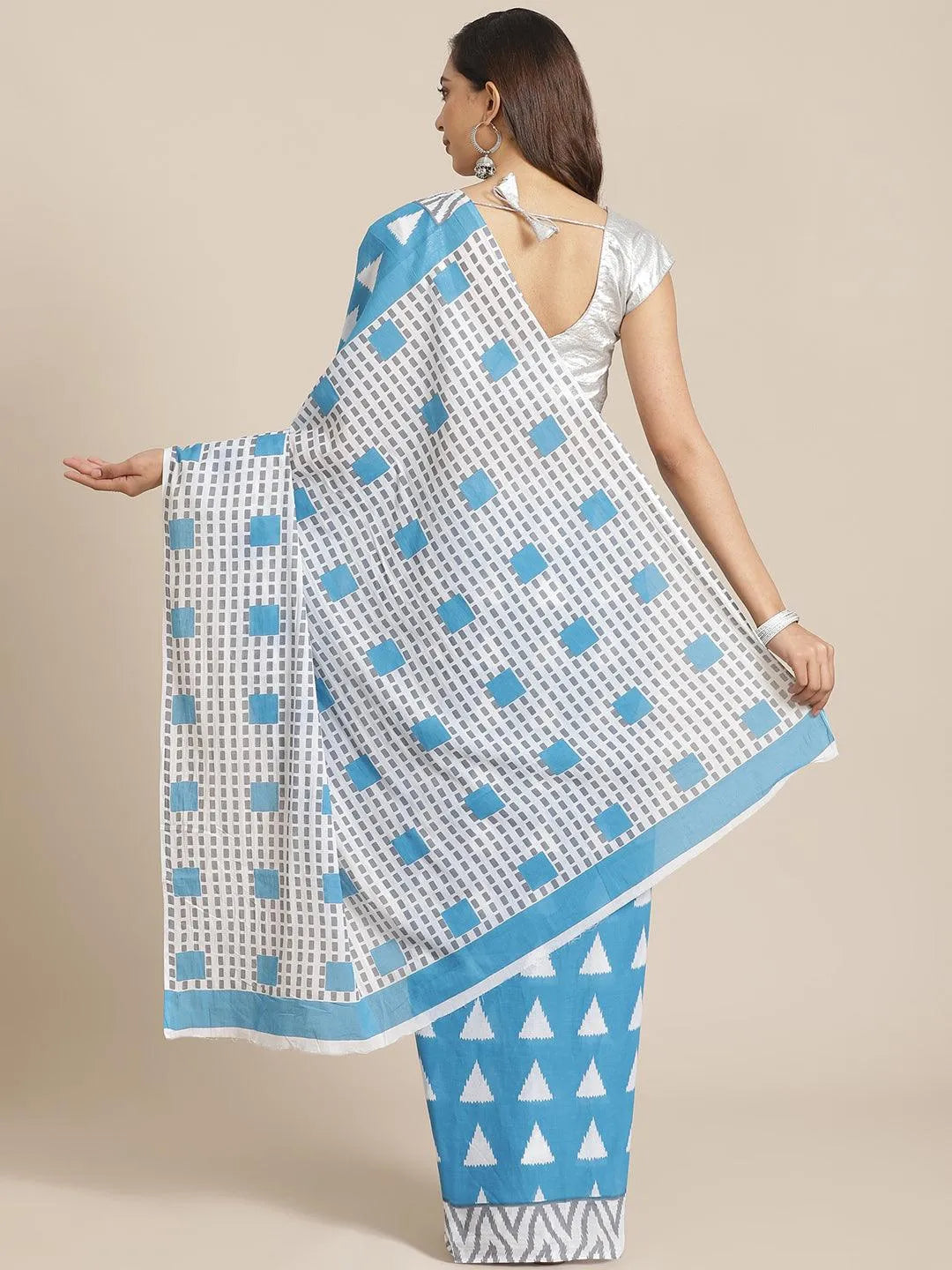 Blue Printed Cotton Saree - Libas