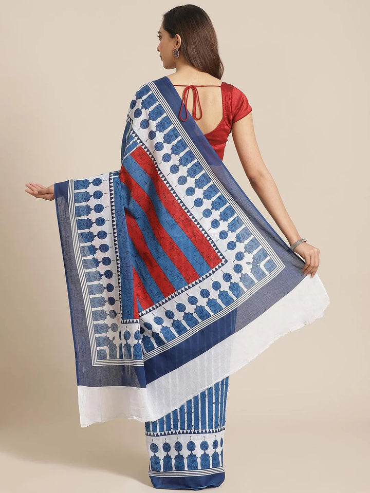 Blue Printed Cotton Saree - Libas