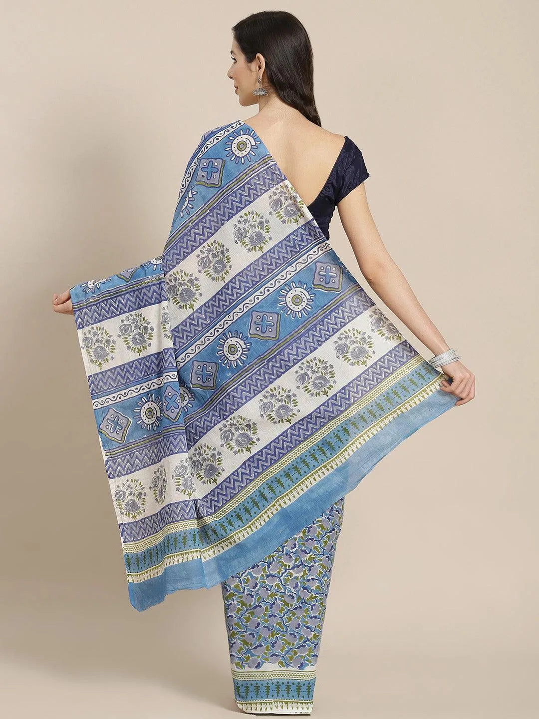 Blue Printed Cotton Saree - Libas