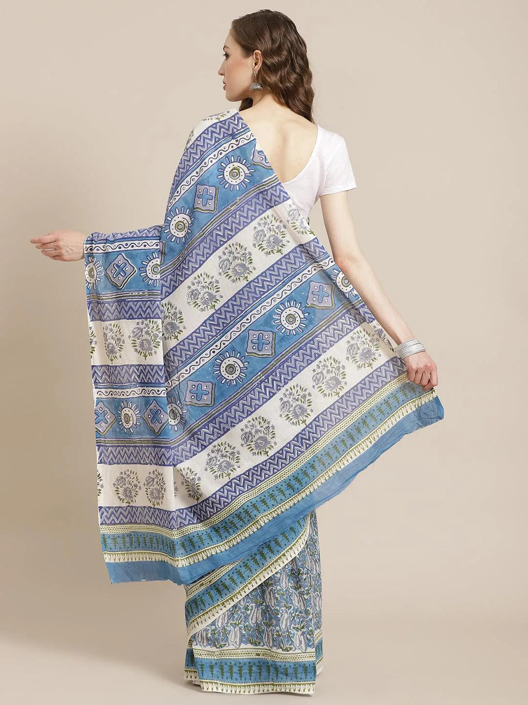 Blue Printed Cotton Saree - Libas