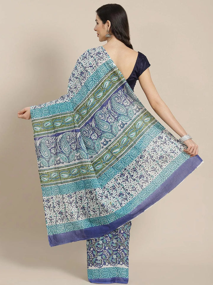 Blue Printed Cotton Saree - Libas