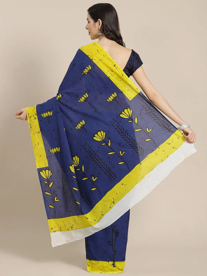 Blue Printed Cotton Saree - Libas