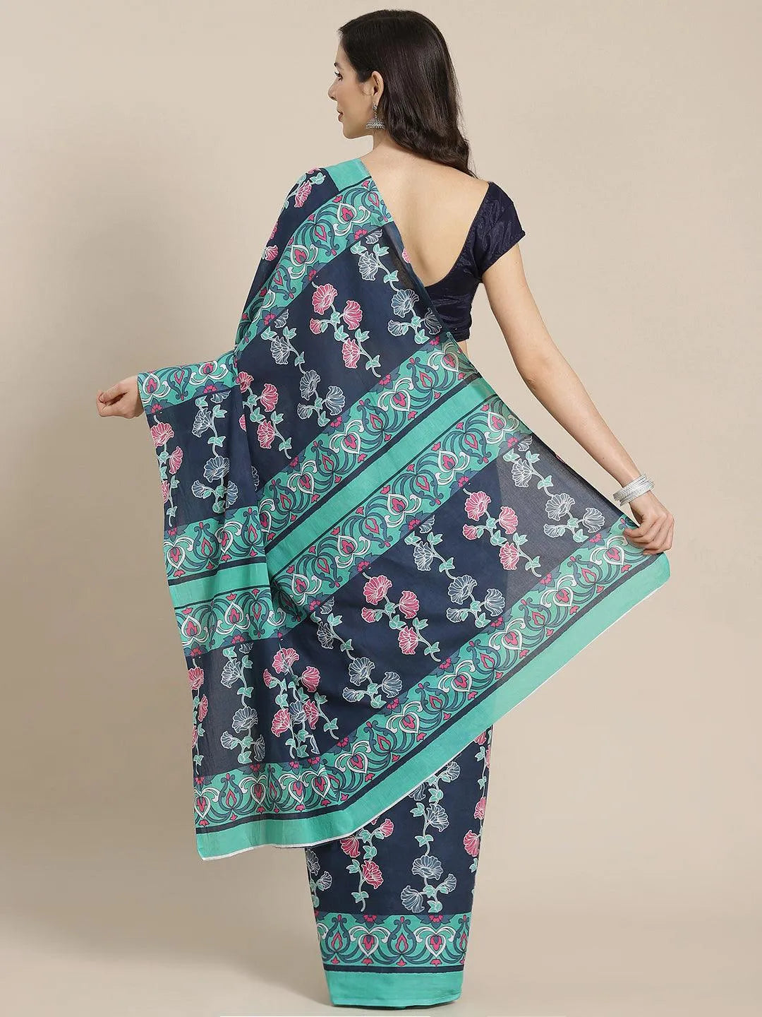 Blue Printed Cotton Saree - Libas