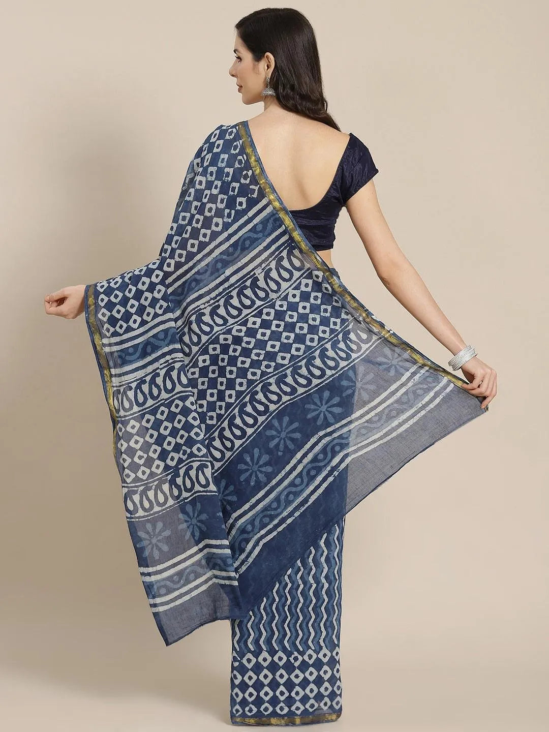 Blue Printed Cotton Saree - Libas