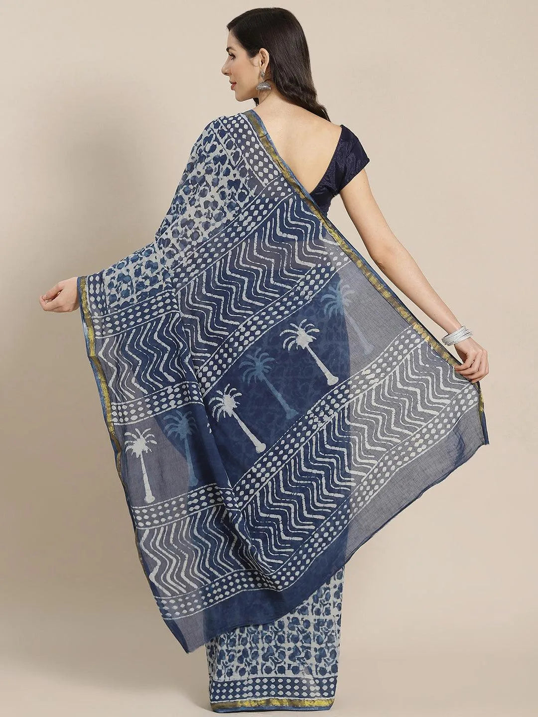 Blue Printed Cotton Saree - Libas