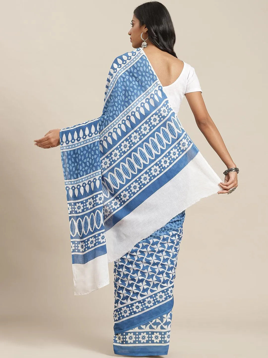 Blue Printed Cotton Saree - Libas