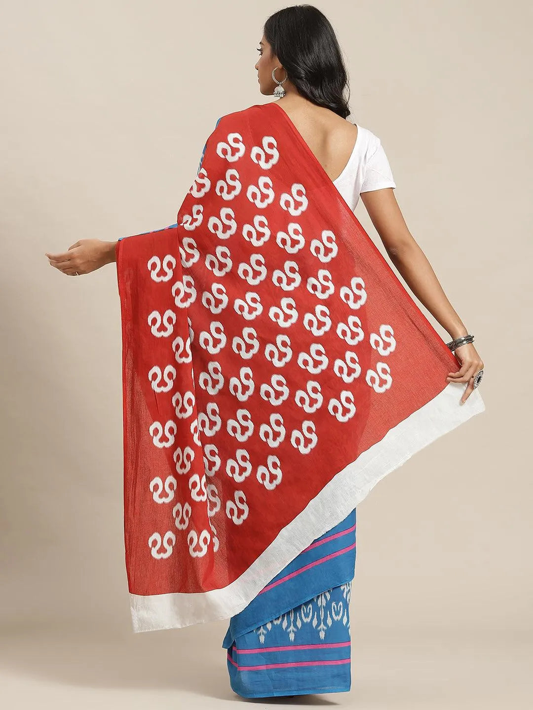 Blue Printed Cotton Saree - Libas 