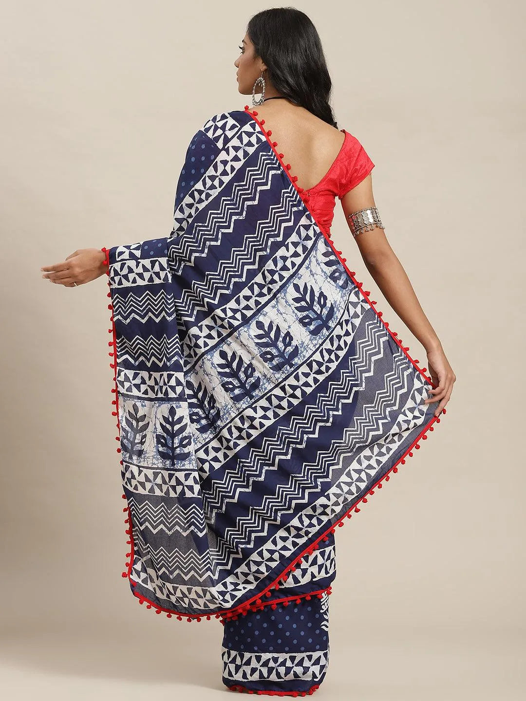 Blue Printed Cotton Saree - Libas