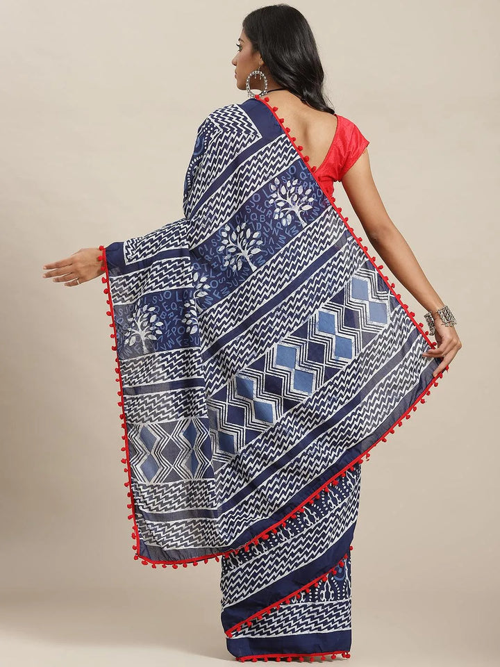 Blue Printed Cotton Saree - Libas