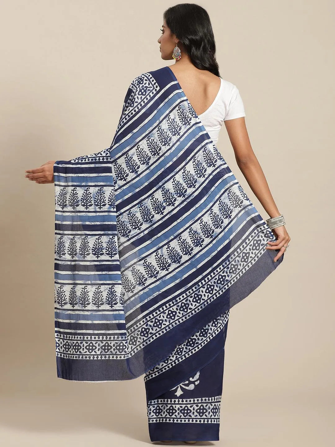 Blue Printed Cotton Saree - Libas 