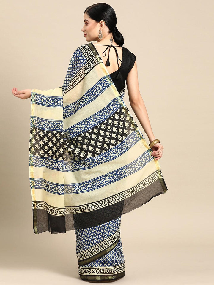 Blue Printed Cotton Saree - Libas