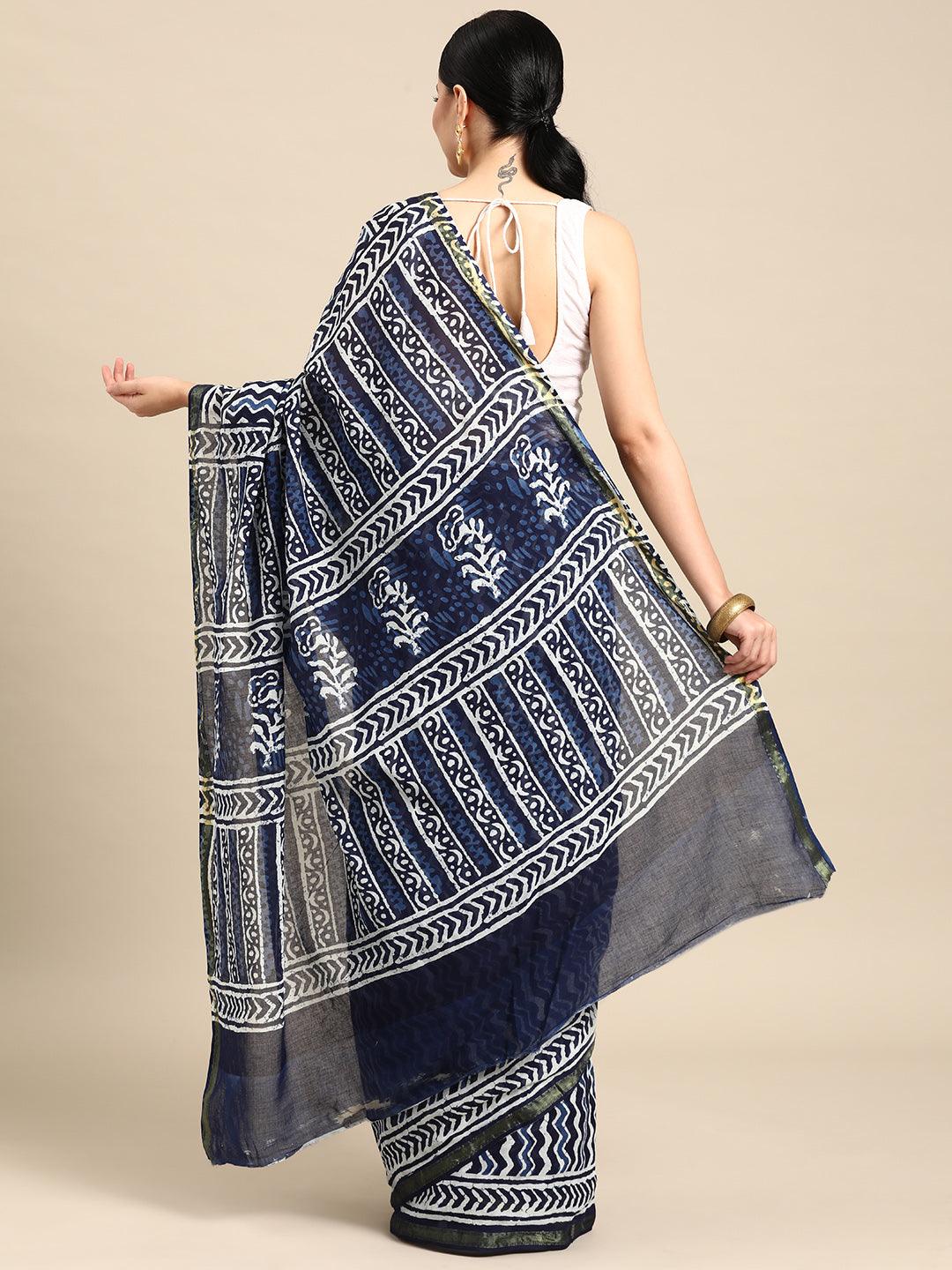 Blue Printed Cotton Saree - Libas