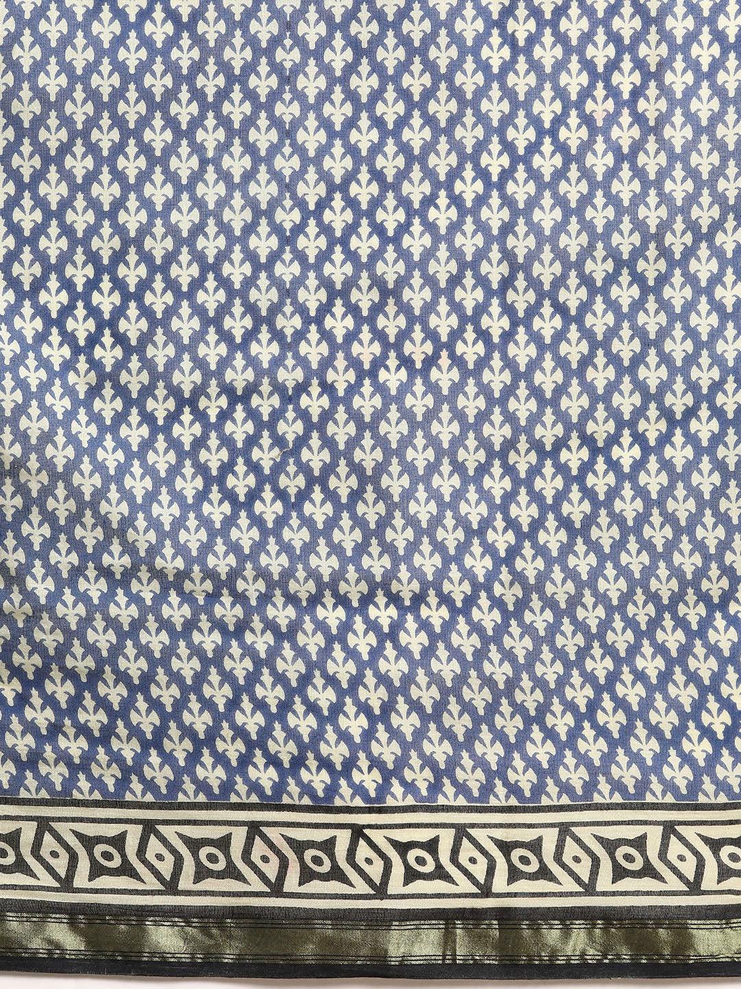 Blue Printed Cotton Saree - Libas