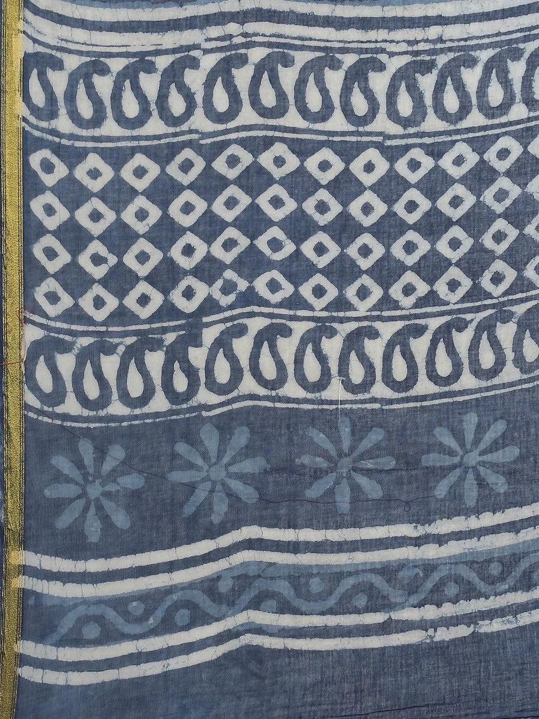 Blue Printed Cotton Saree - Libas