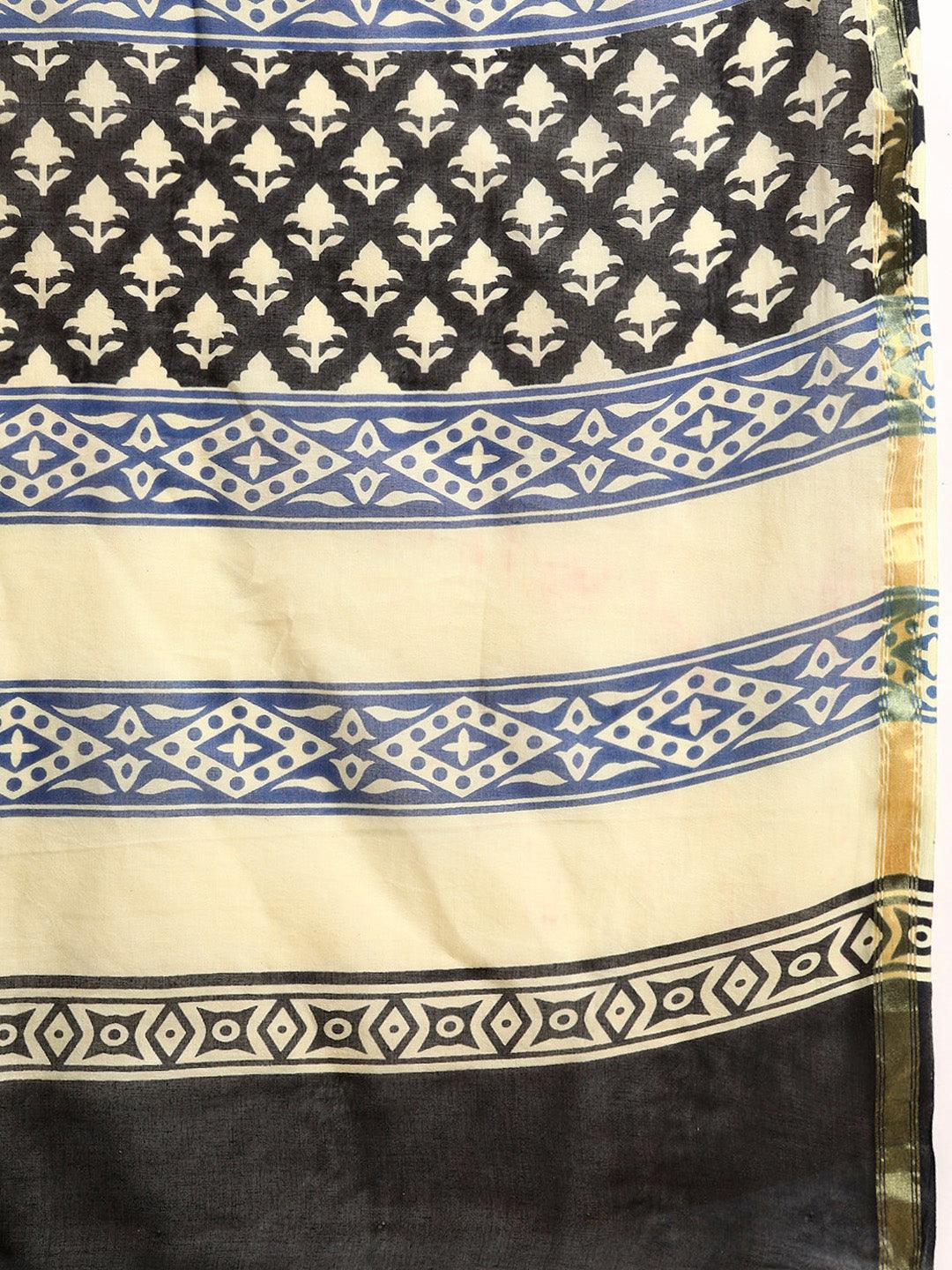 Blue Printed Cotton Saree - Libas