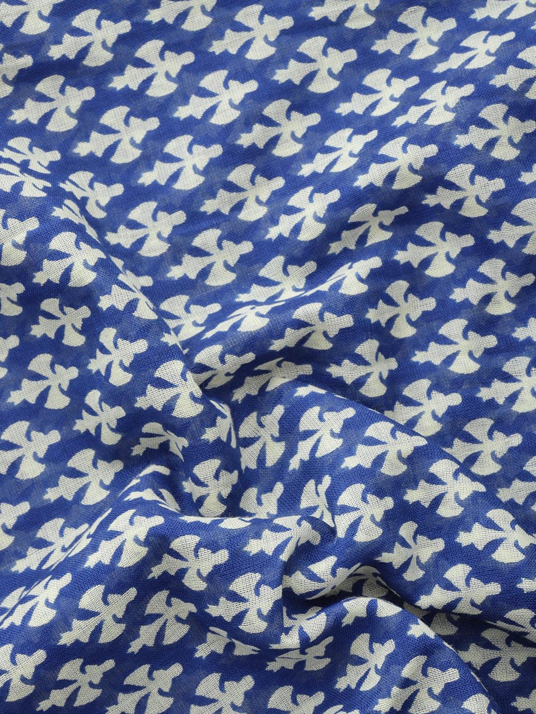 Blue Printed Cotton Saree - Libas