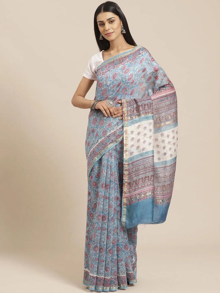 Blue Printed Cotton Silk Saree - Libas