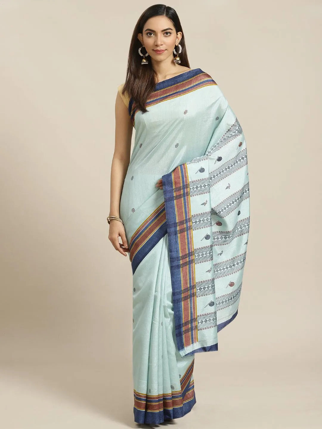 Blue Printed Cotton Silk Saree - Libas