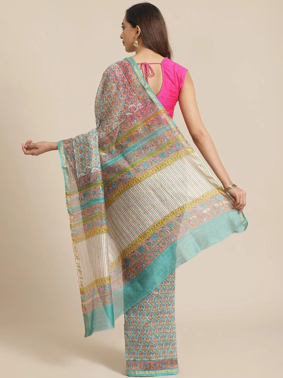 Blue Printed Cotton Silk Saree - Libas 