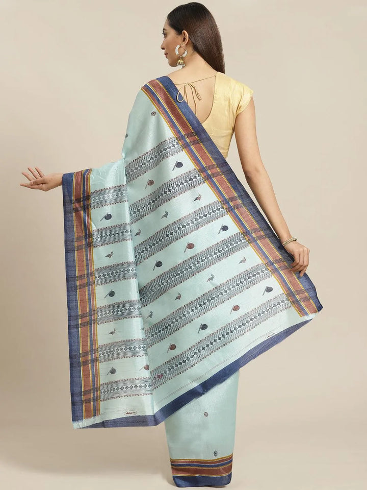 Blue Printed Cotton Silk Saree - Libas