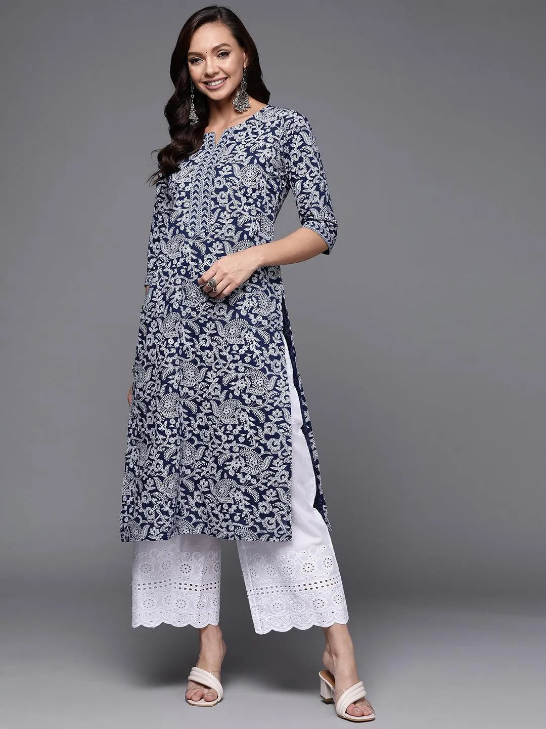 Blue Printed Cotton Straight Kurta - Libas