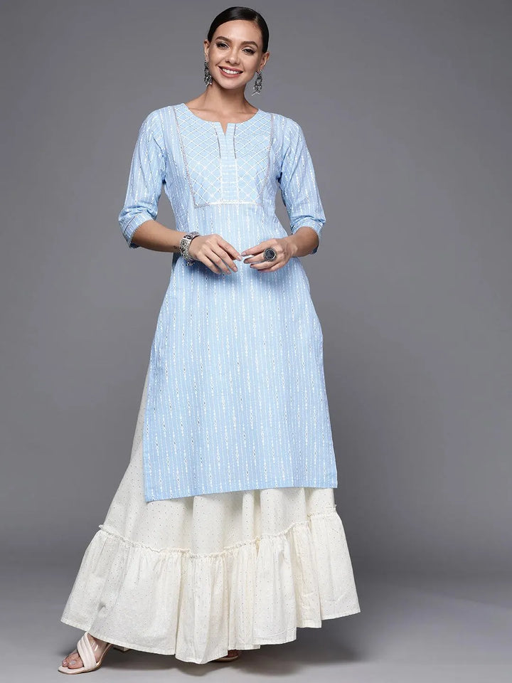 Blue Printed Cotton Straight Kurta - Libas