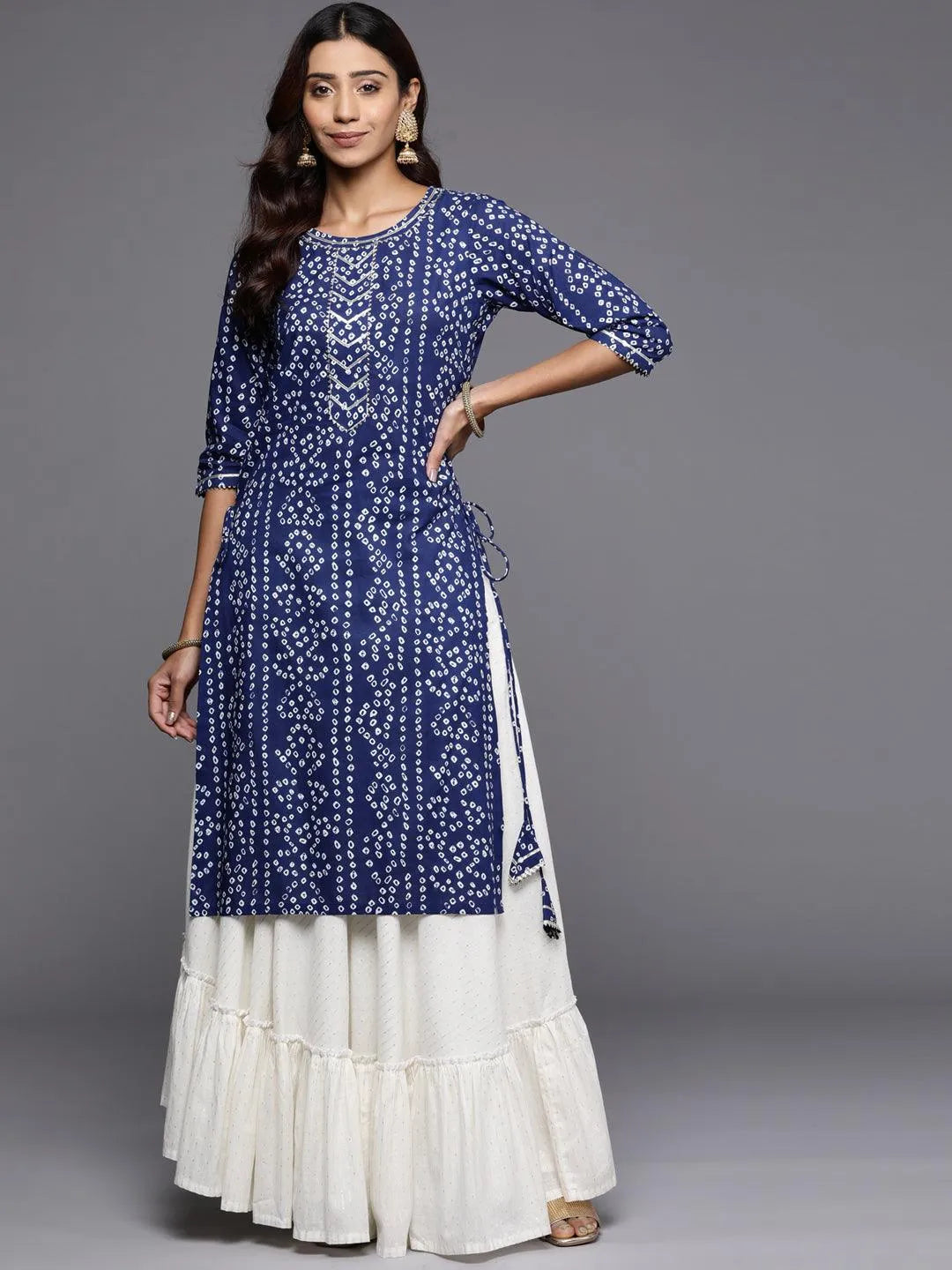 Blue Printed Cotton Straight Kurta - Libas