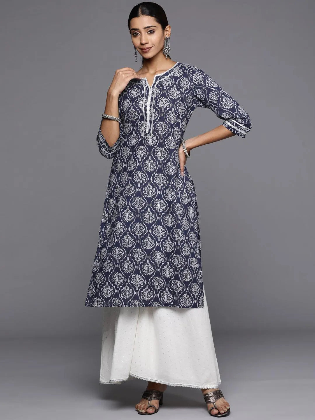 Blue Printed Cotton Straight Kurta - Libas