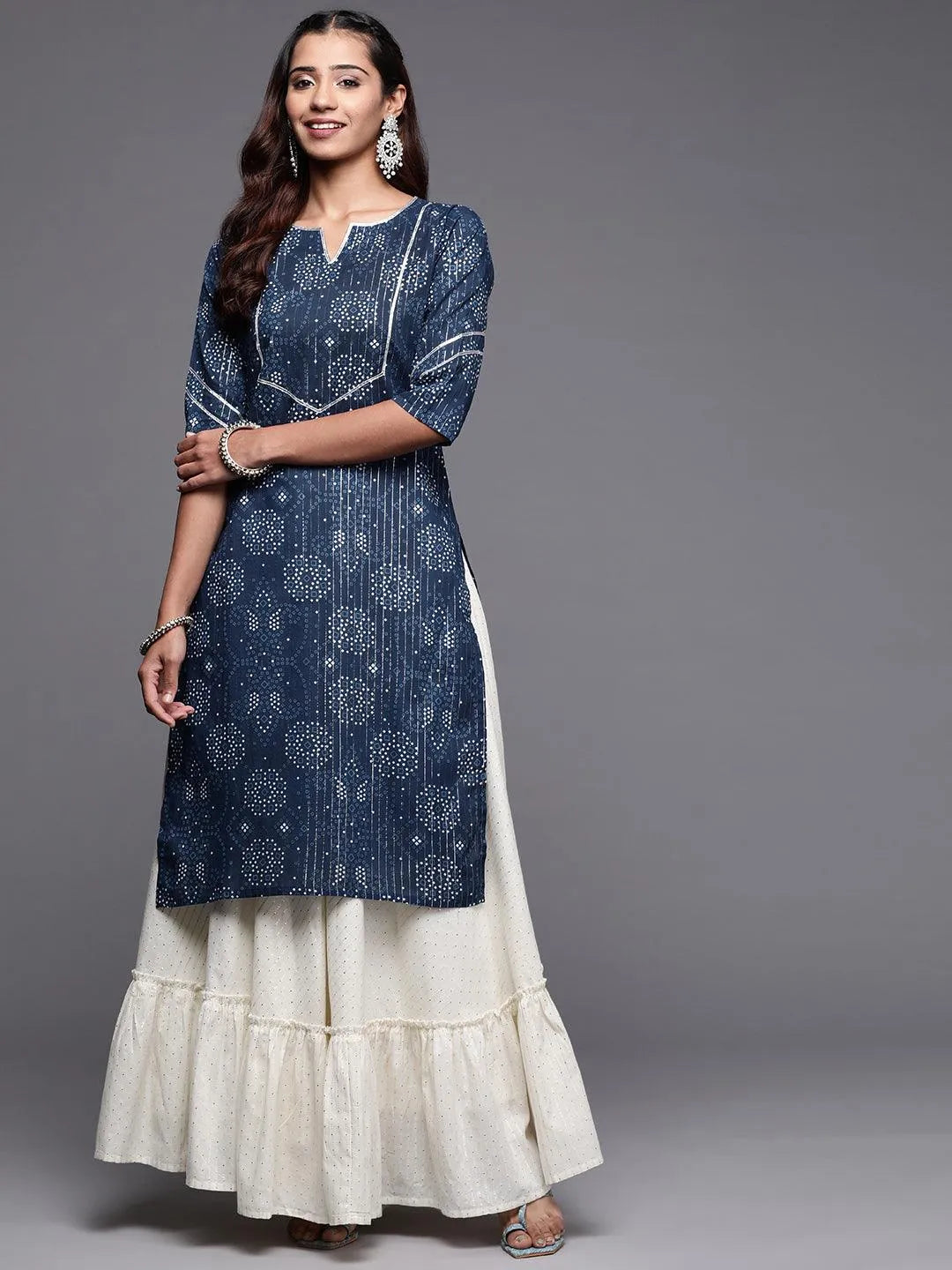 Blue Printed Cotton Straight Kurta - Libas 