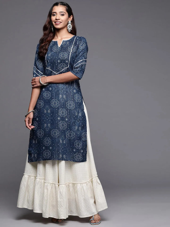 Blue Printed Cotton Straight Kurta - Libas