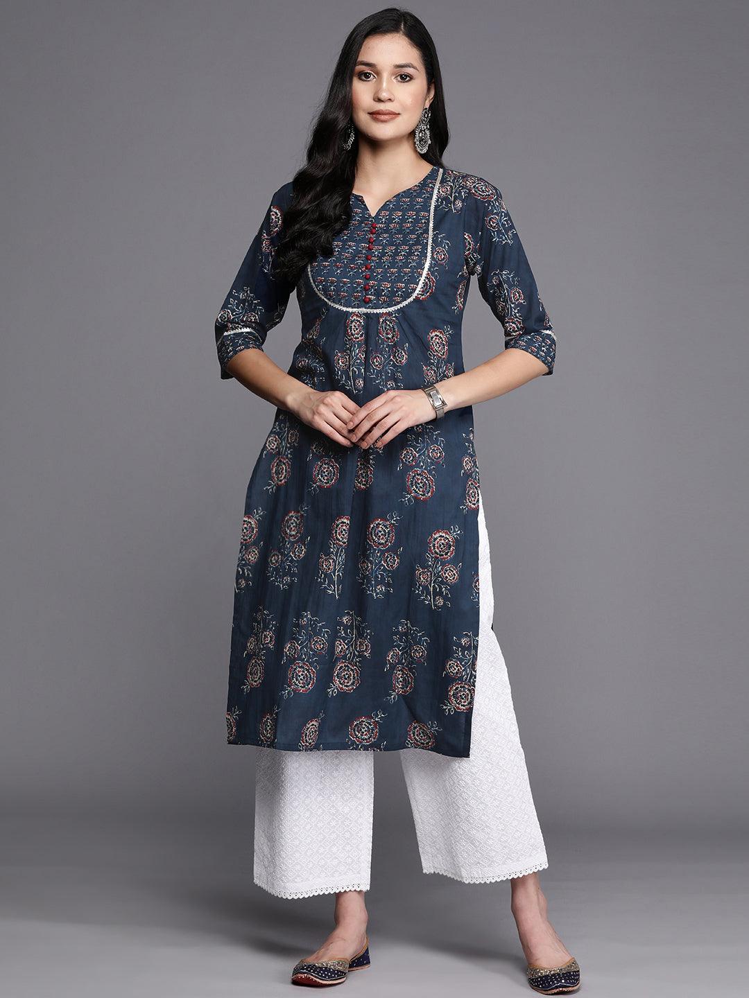 Blue Printed Cotton Straight Kurta - Libas