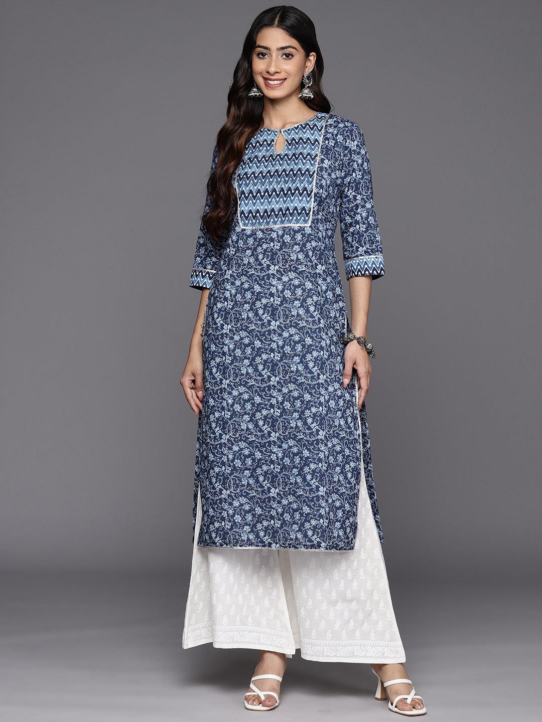 Blue Printed Cotton Straight Kurta - Libas