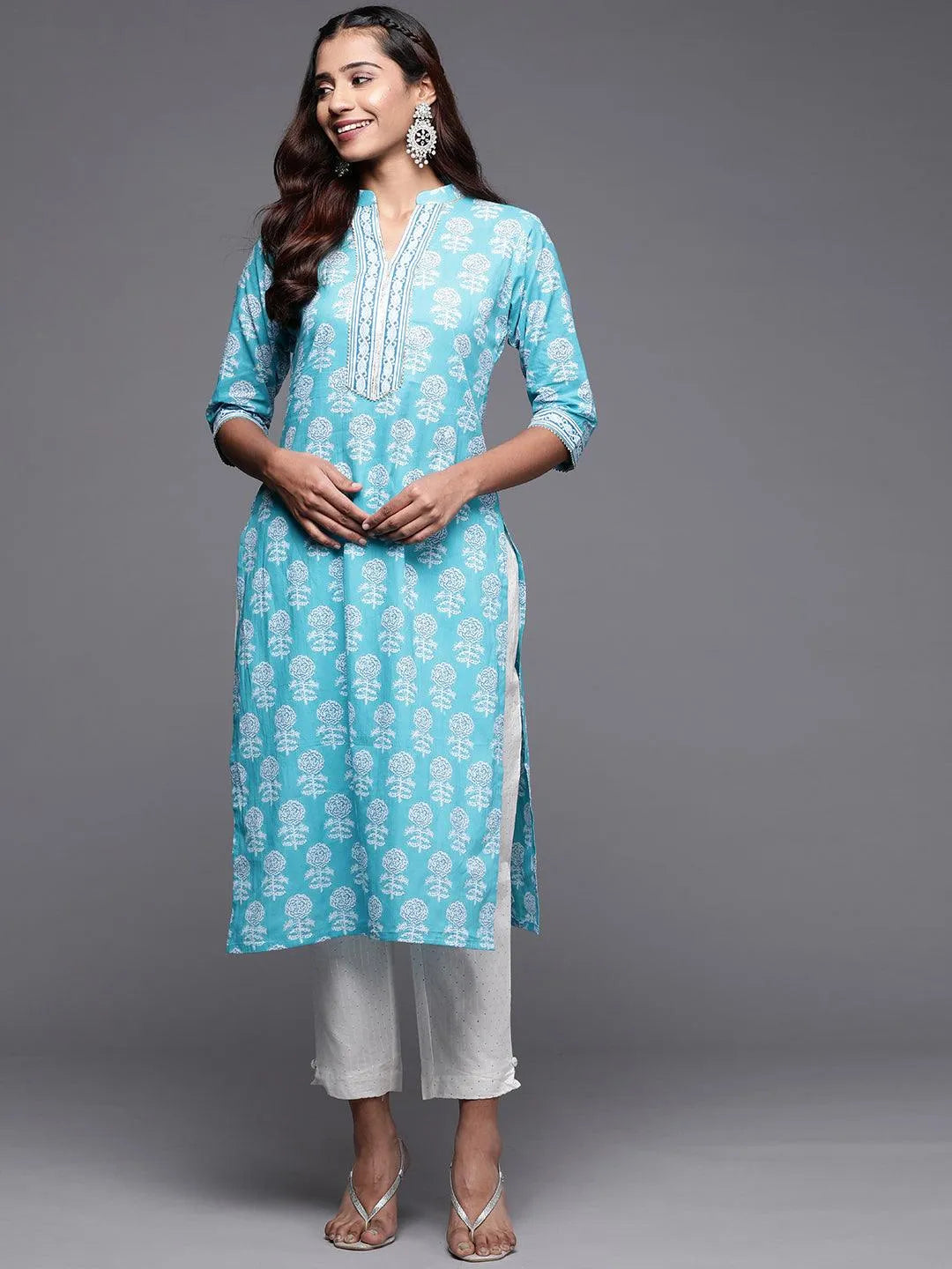 Blue Printed Cotton Straight Kurta - Libas