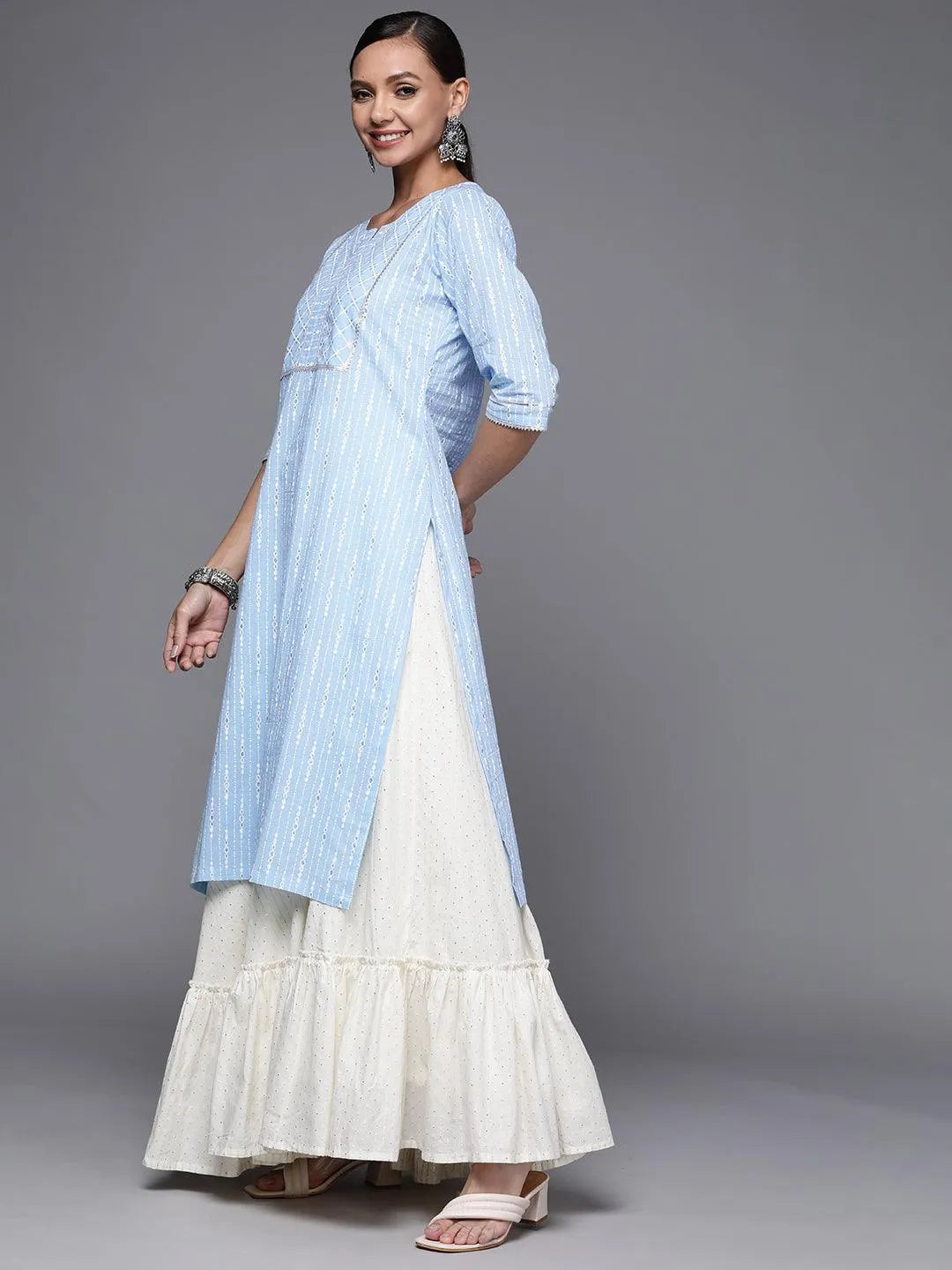 Blue Printed Cotton Straight Kurta - Libas