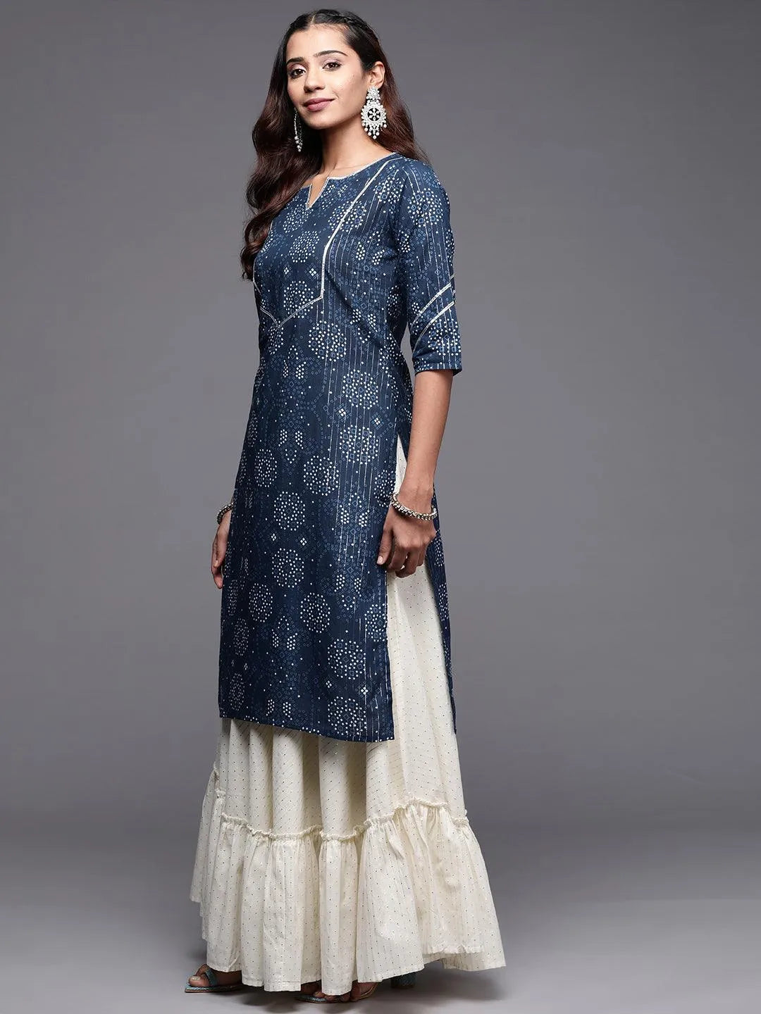 Blue Printed Cotton Straight Kurta - Libas