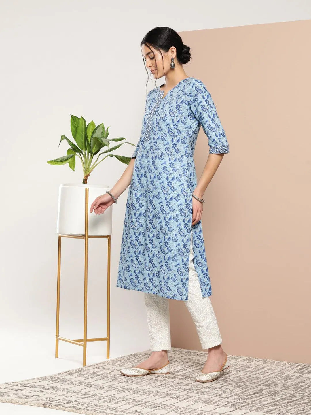 Blue Printed Cotton Straight Kurta - Libas