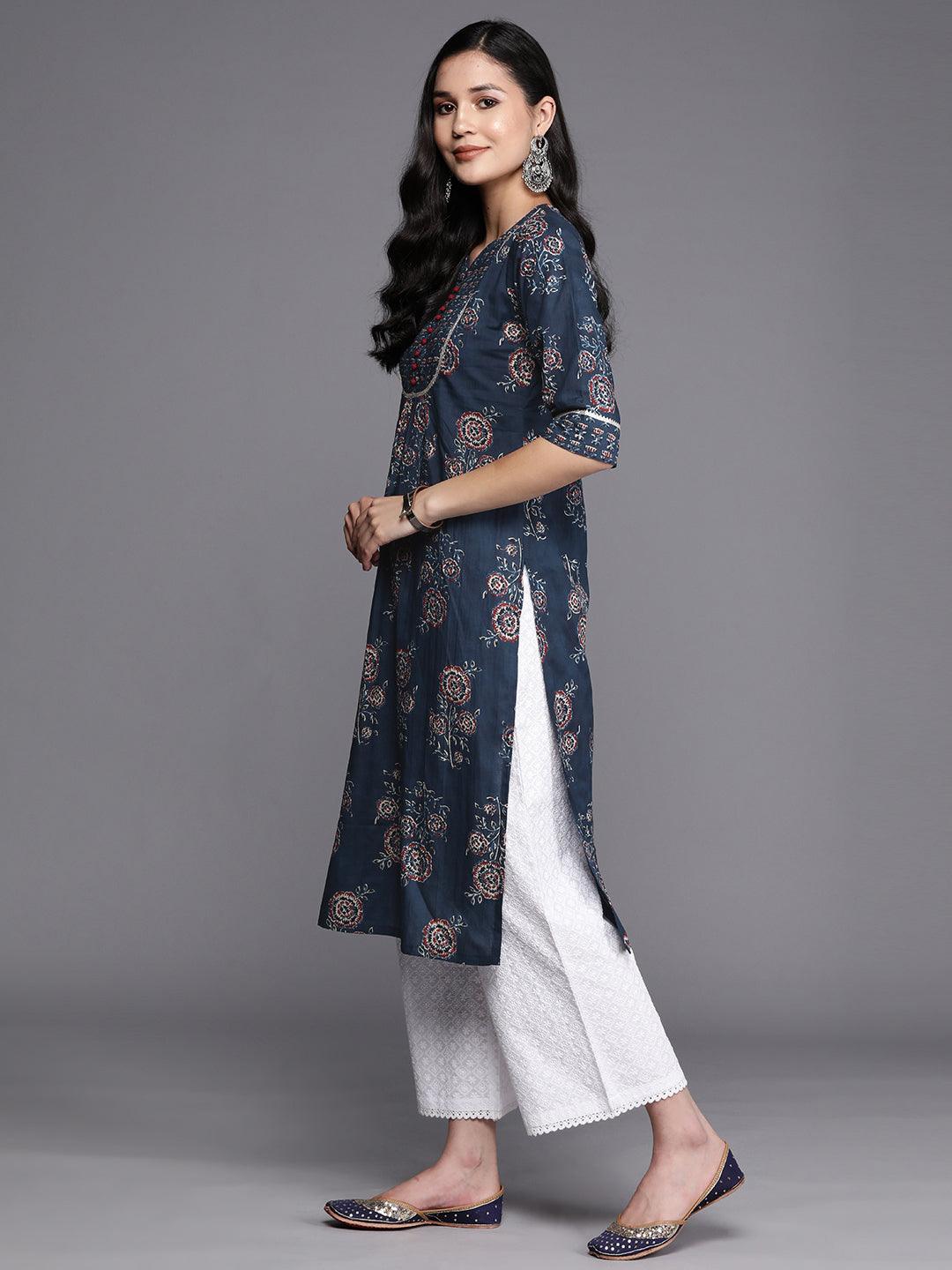 Blue Printed Cotton Straight Kurta - Libas 