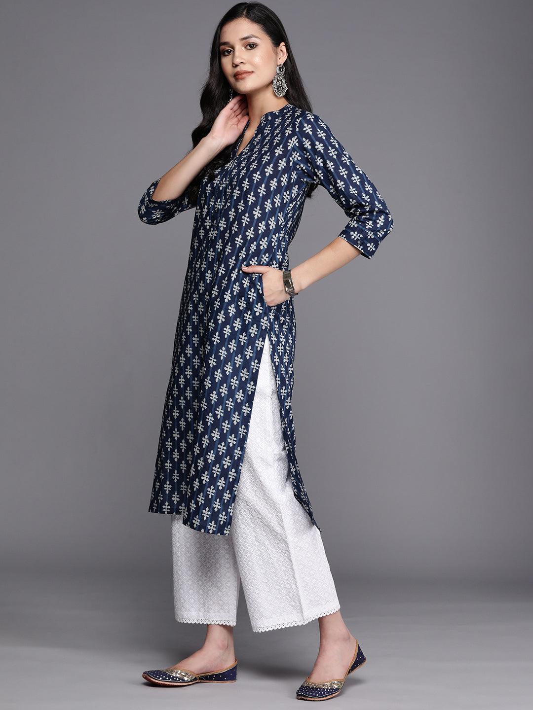 Blue Printed Cotton Straight Kurta - Libas 