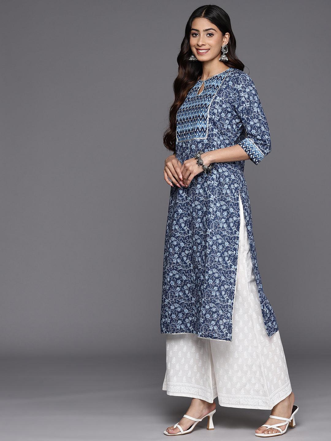 Blue Printed Cotton Straight Kurta - Libas