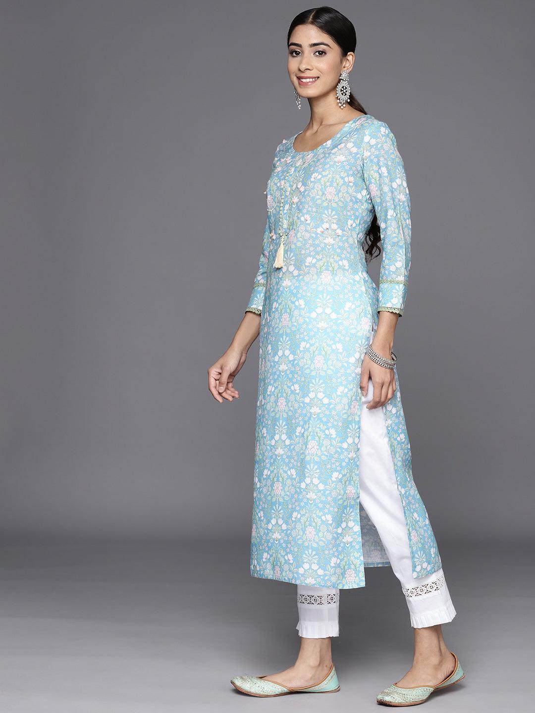 Blue Printed Cotton Straight Kurta - Libas