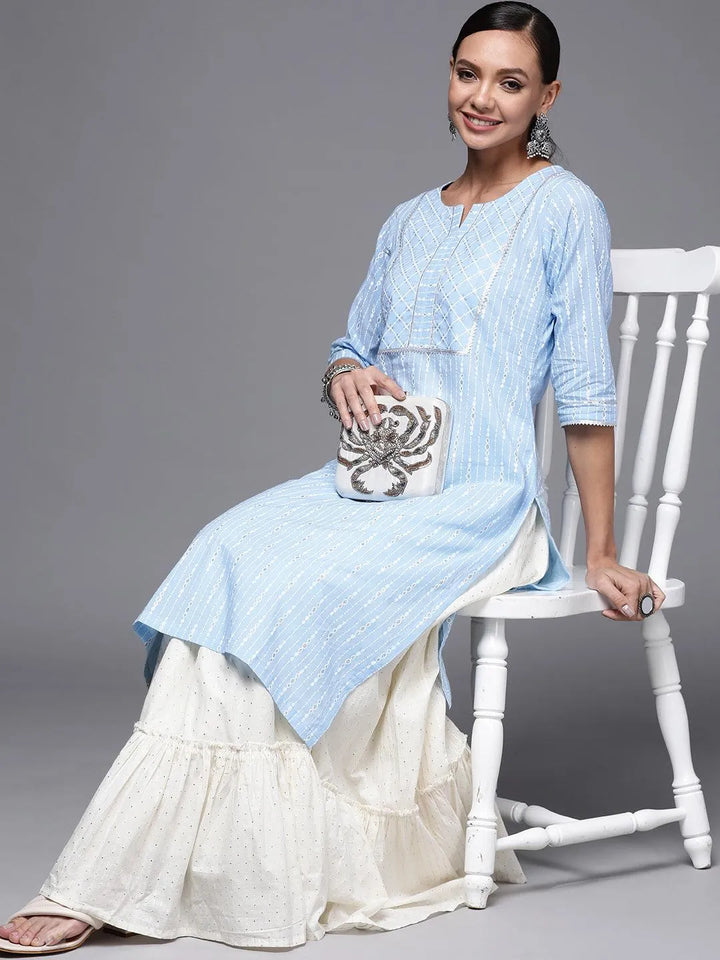 Blue Printed Cotton Straight Kurta - Libas